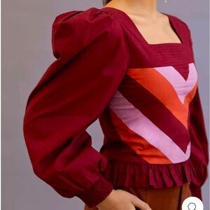 Anthropologie Red and Purple Puff Sleeve Blouse